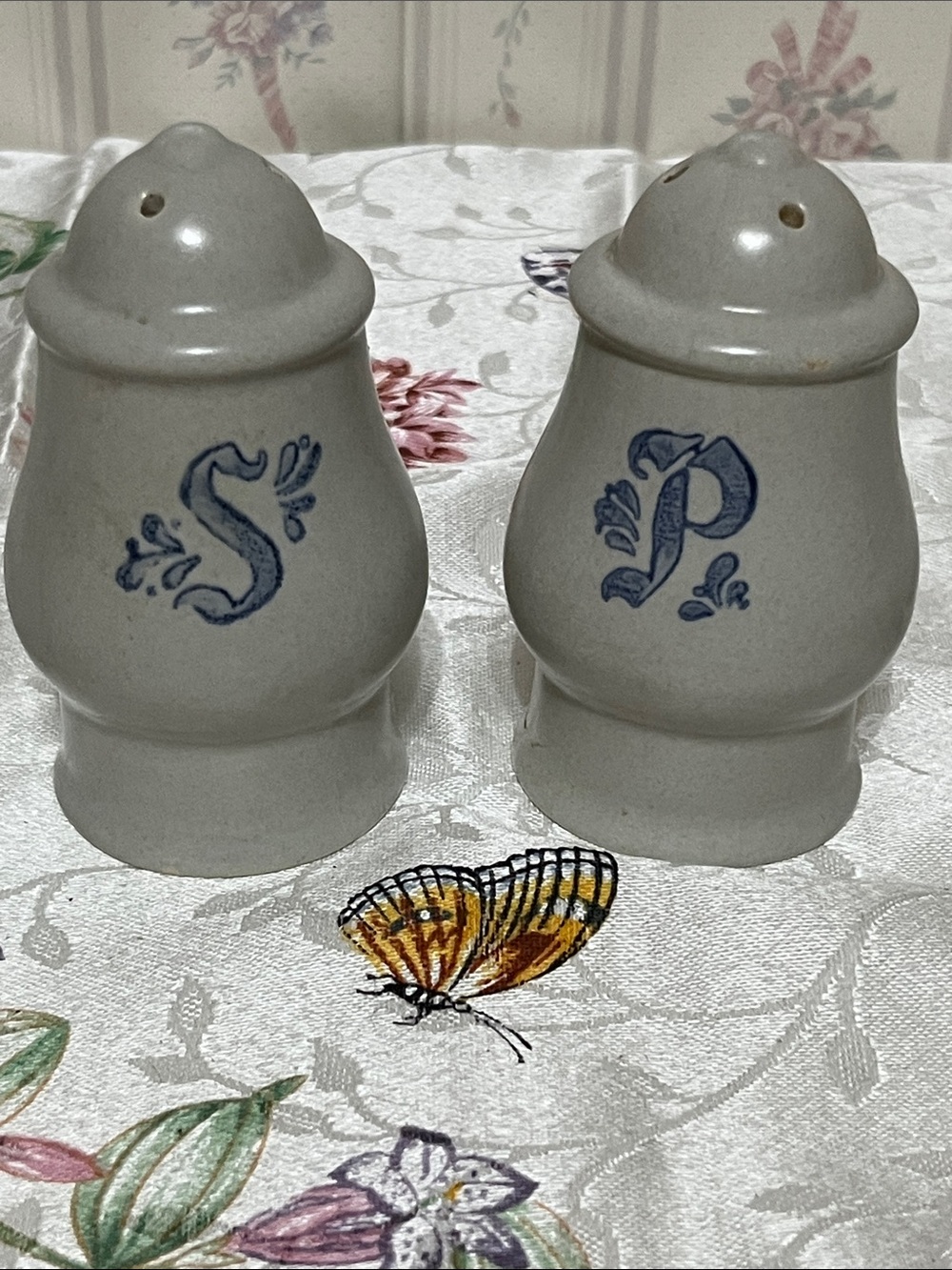Pfaltzgraff Cream Stoneware Salt & Pepper Shakers with Blue Monograms
